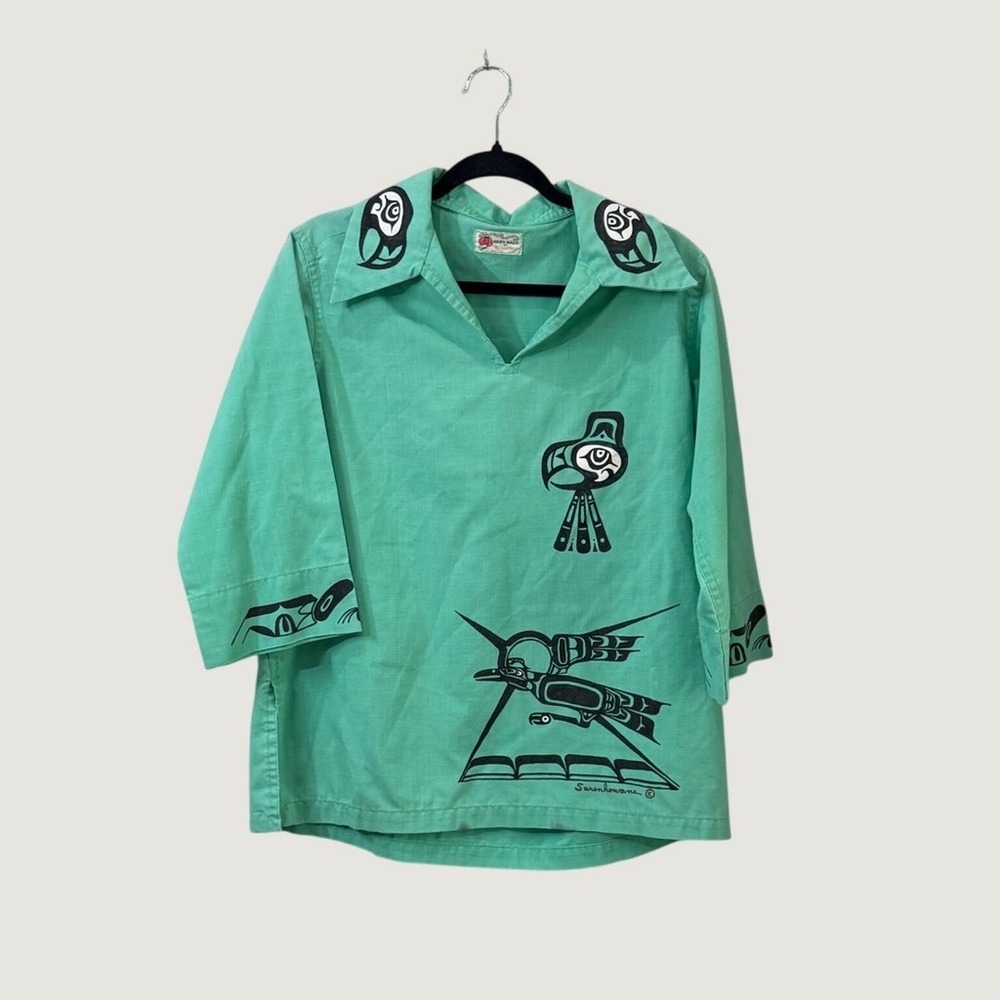 Handmade by Sarenhowane Tunic Top Green Hand Painted Bird Vintage L (estimated)